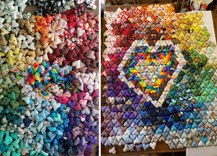 I'm Making 1,000 Of These 3" Tall Hearts To Sew Together To Make A Quilt. Laying Them Out Like This After 3 Months Of Sewing, Cutting And Stuffing Was Incredibly Satisfying. I'd Like To Share The Fruits Of My Labour With A Group Of Folks Who Will Appreciate It. I Hope You Enjoy This Image