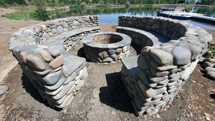 A Lakeside Firepit I Built (100% Solo!) With Native River Rock. This Is The Biggest Freestanding Stone Structure I've Ever Built