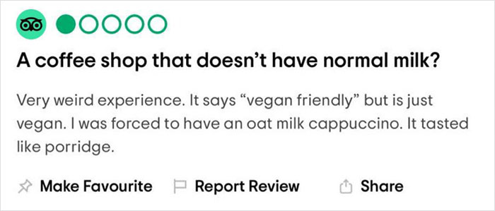 Customer Rates A Vegan Café With One Star Because They Didn't Have 'Normal' Milk, The Owner Replies With A Witty Comeback Customer Rates A Vegan Café With One Star Because They Didn't Have 'Normal' Milk, The Owner Replies With A Witty Comeback