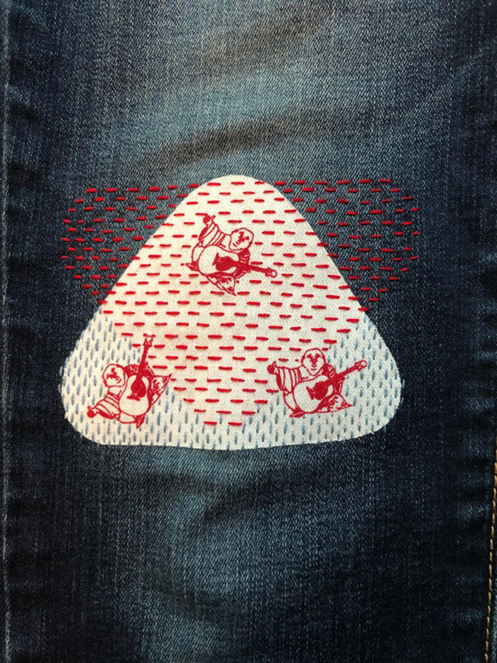 Used Some Vintage Fabric To Fix A Hole In My Jeans. I Couldn’t Stitch Over The Buddhas!