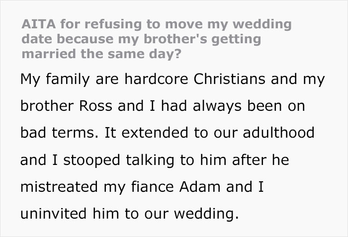 Bride's Family Turns Against Her After She Refuses To Give Up Her Wedding Date For Brother’s Shotgun Wedding Bride's Family Turns Against Her After She Refuses To Give Up Her Wedding Date For Brother’s Shotgun Wedding