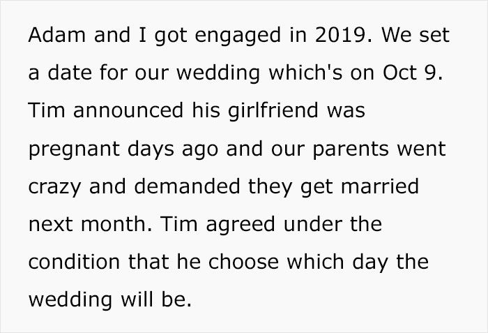 Bride's Family Turns Against Her After She Refuses To Give Up Her Wedding Date For Brother’s Shotgun Wedding Bride's Family Turns Against Her After She Refuses To Give Up Her Wedding Date For Brother’s Shotgun Wedding