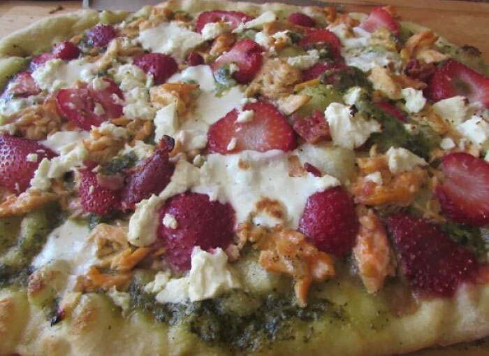 Tim's Pizza - The Most Unexpected. He Had Seen Something Like This On A Cooking Show: Strawberries, Salmon, New Mozzarella Cheese. Paul Suggested Adding The Pesto