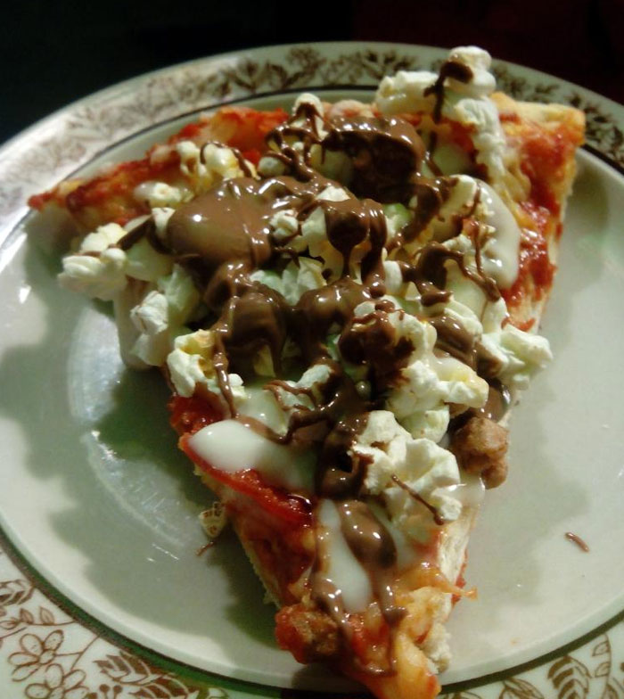 Three Meats Pizza With Donair Sauce, Popcorn And Melted Chocolate. Wasn't Half Bad