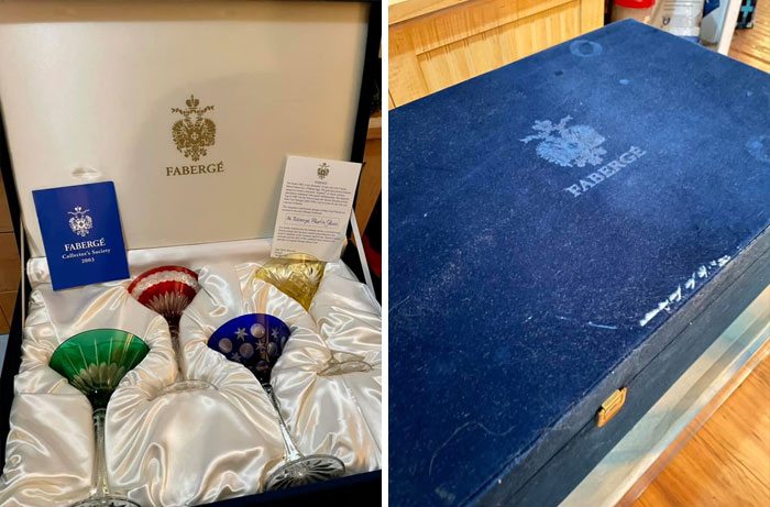 So I Was Thrift Shopping Yesterday And Came Upon This Beautiful Faberge Martini Glass Set! In A Beautiful Blue Velvet Box