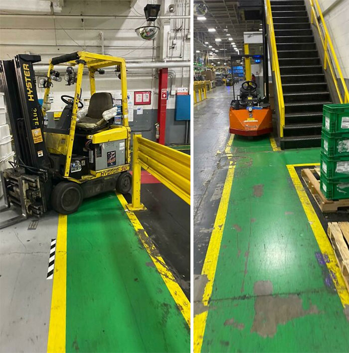 The Green Aisles Are For Walking So We Can Avoid The Tugs And Forklifts