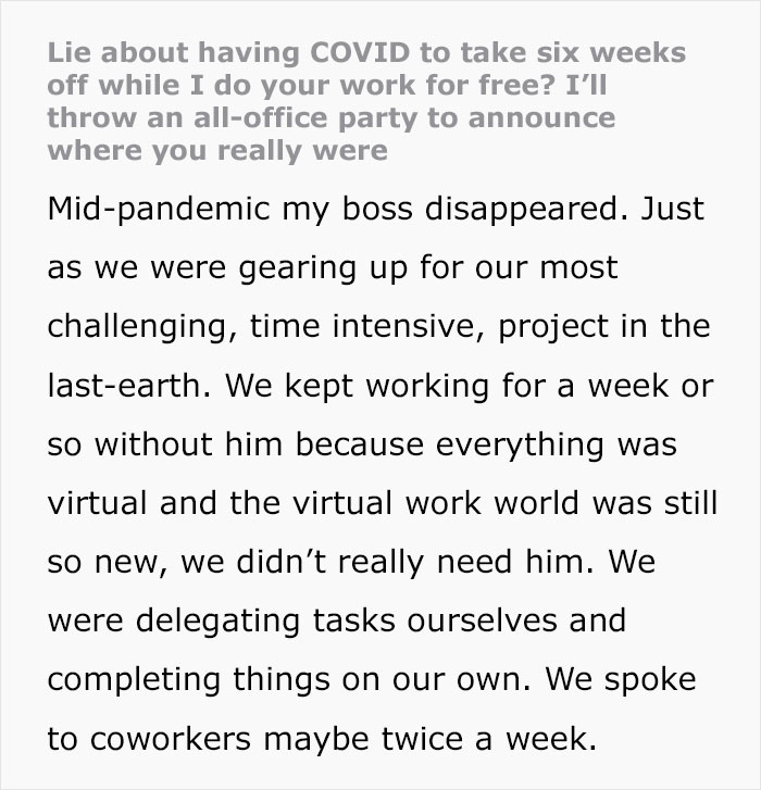 Boss Vanishes For 8 Weeks Saying He Has Covid, Employee Finds Out The Truth And Throws A Party To Reveal Where He Actually Was Boss Vanishes For 8 Weeks Saying He Has Covid, Employee Finds Out The Truth And Throws A Party To Reveal Where He Actually Was