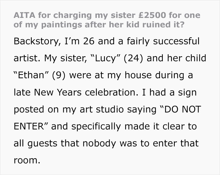 Artist Is Asking If She Is In The Wrong For Charging Her Sister $3,400 For A Painting Her 9 Y.O. Nephew Ruined