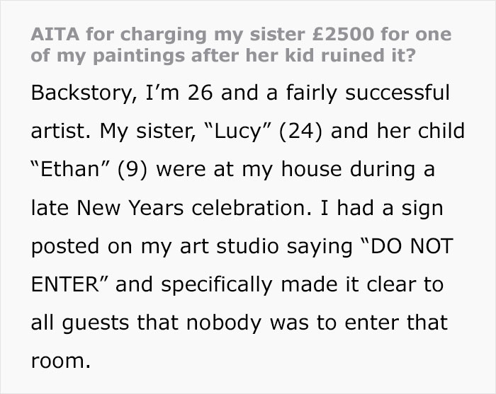 Woman Wants To Know If She Is The Jerk For Charging Her Sister $3,400 For A Painting Her 9 Y.O. Nephew Ruined Woman Wants To Know If She Is The Jerk For Charging Her Sister $3,400 For A Painting Her 9 Y.O. Nephew Ruined