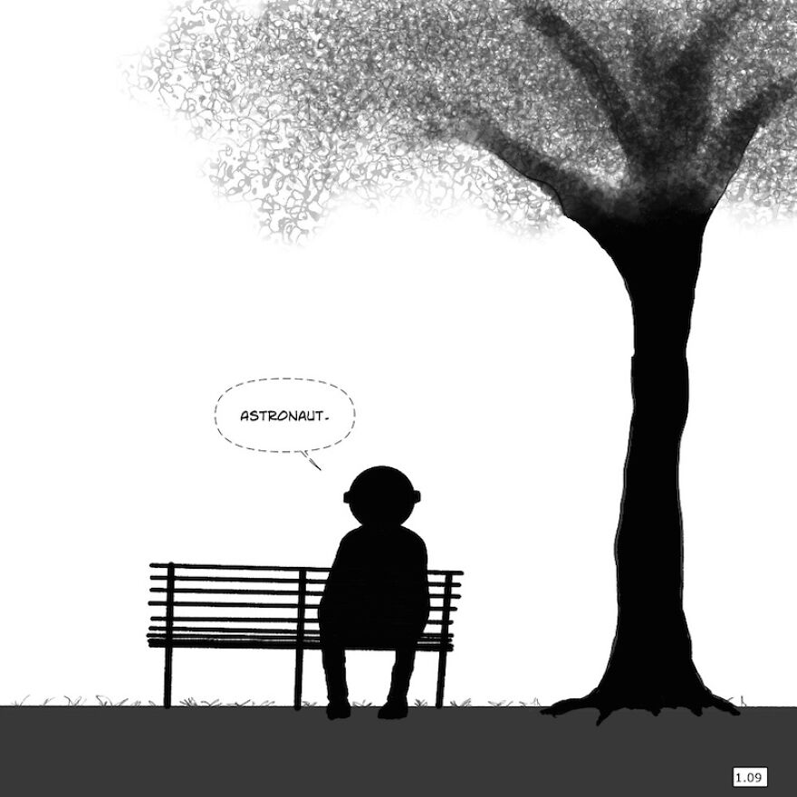 "Bobbi And The Spaceman" - Comic Juxtaposing The Wisdom Of The Young And The Old Using Humour And Charm. Just Who Is The Spaceman And Why Is He Sitting On A Park Bench?