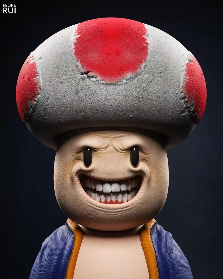 Digital artist creates terrifying versions of popular characters, featuring a creepy, realistic Toad with sharp teeth and dark eyes.