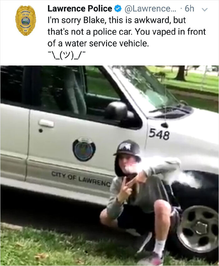 Vaping In Front Of A Water Service Vehicle Thinking It's A Cop Car