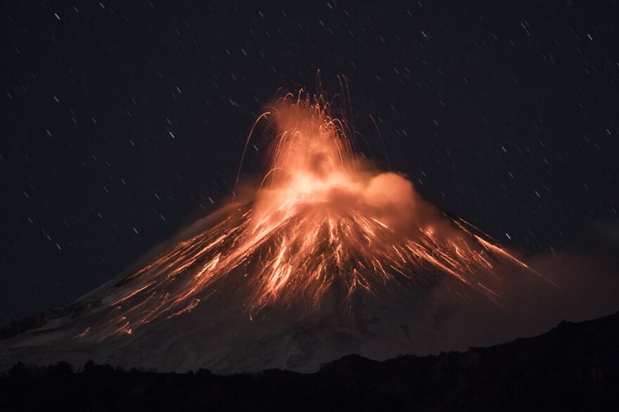 Fire Show On The Snowy Volcano, The Beauty Of Nature