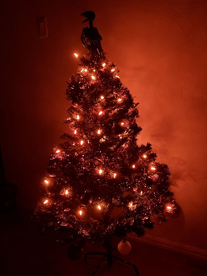 Halloween Christmas Tree - Topped With A Black Raven Skeleton