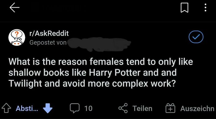 Found On Another Sub, Women Only Like Harry Potter And Twilight Apparently