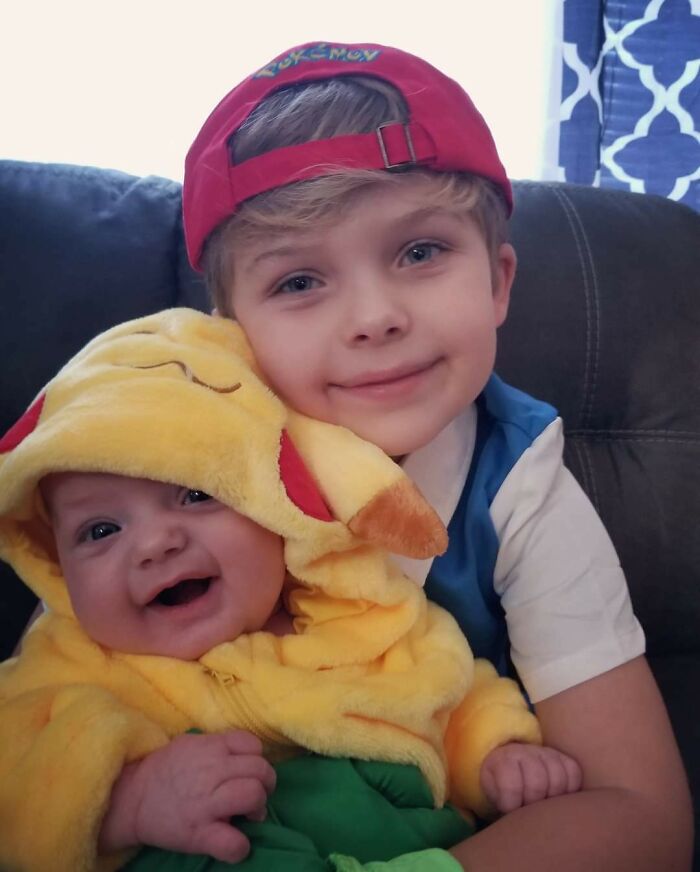 My Son Wanted To Be Ash For Halloween, So Naturally His Baby Sister Was Pikachu