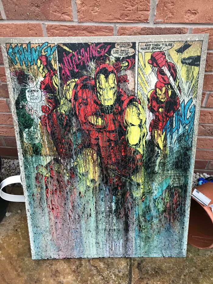 Accidentalmente dejé mi lienzo de Iron Man fuera en la lluvia y sin querer mejoré el diseño original