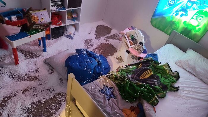 My Kids Tore A Hole In A Beanbag Chair And Tons Of Static-Charged Styrofoam Balls Went Everywhere