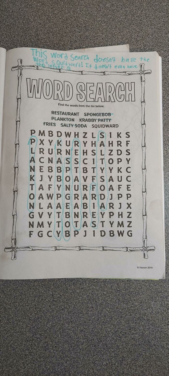 My Son's Spongebob Activity Book Is Missing The Word Squidward In The Word Search