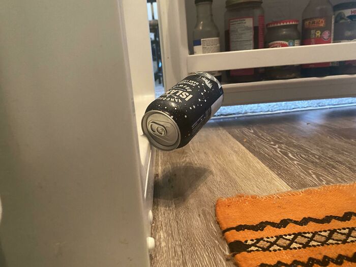 Una lata de cerveza cayó de nuestro refrigerador y aterrizó así