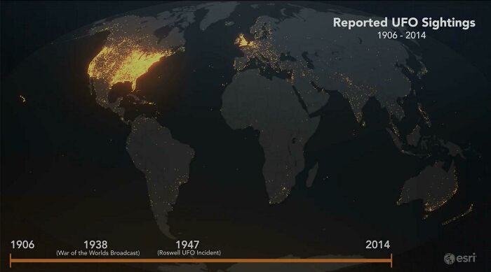 Mapa de los avistamientos de OVNIS notificados. Últimos 115 años