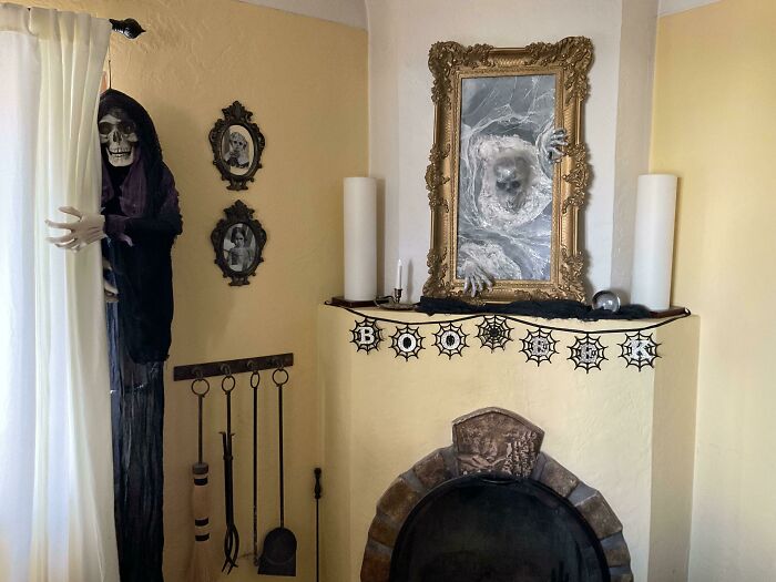 The Fireplace Area Is Decorated. I Made The Three Haunted Mirrors And Am Pretty Stoked With How They Turned Out