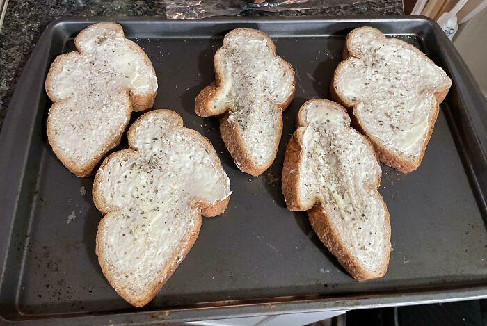 Bread Got Squished On The Way Home From The Store. Now We Are Having Garlic Ghosts