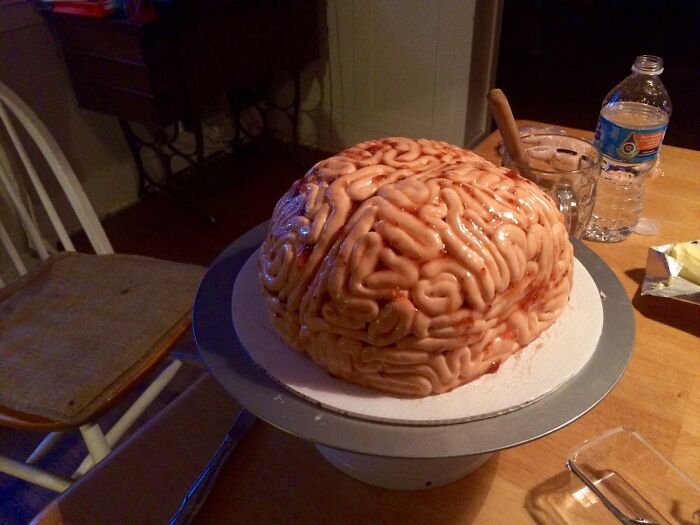 Chocolate Fudge Brain Cake With Marshmallow Fondant Detail And Strawberry Jam Glaze. Ready For Halloween