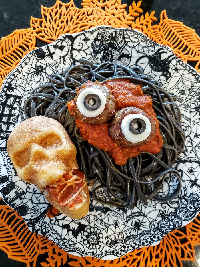 Halloween's Eve Dinner Is Always Witch's Hair Pasta With Meatball Eyes And Pizza Skulls. Happy Halloween Everyone