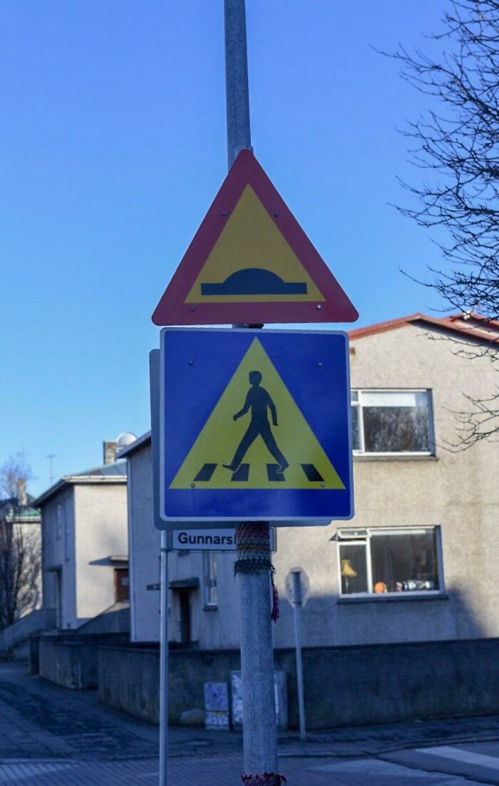 Speed Bump And Cross Walk Signs In Iceland Look Like Alien Abduction