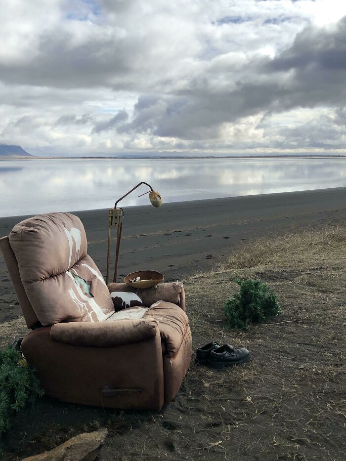 A Chair And A Living Room Setting. In The Middle Of Nowhere. Iceland