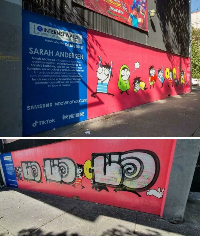 Un "artista" del grafiti destroza el trabajo de una conocida dibujante que fue invitada recientemente a pintar un mural en México