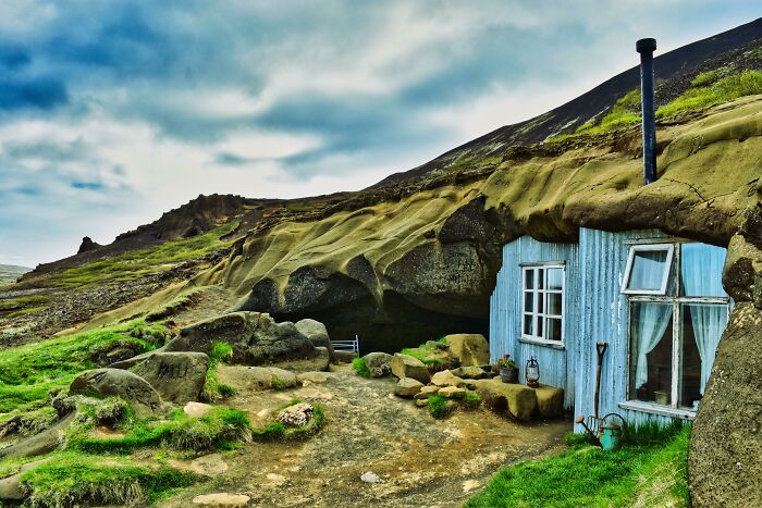 Laugarvatnshellar Caves. House Built Into A Hill In Iceland