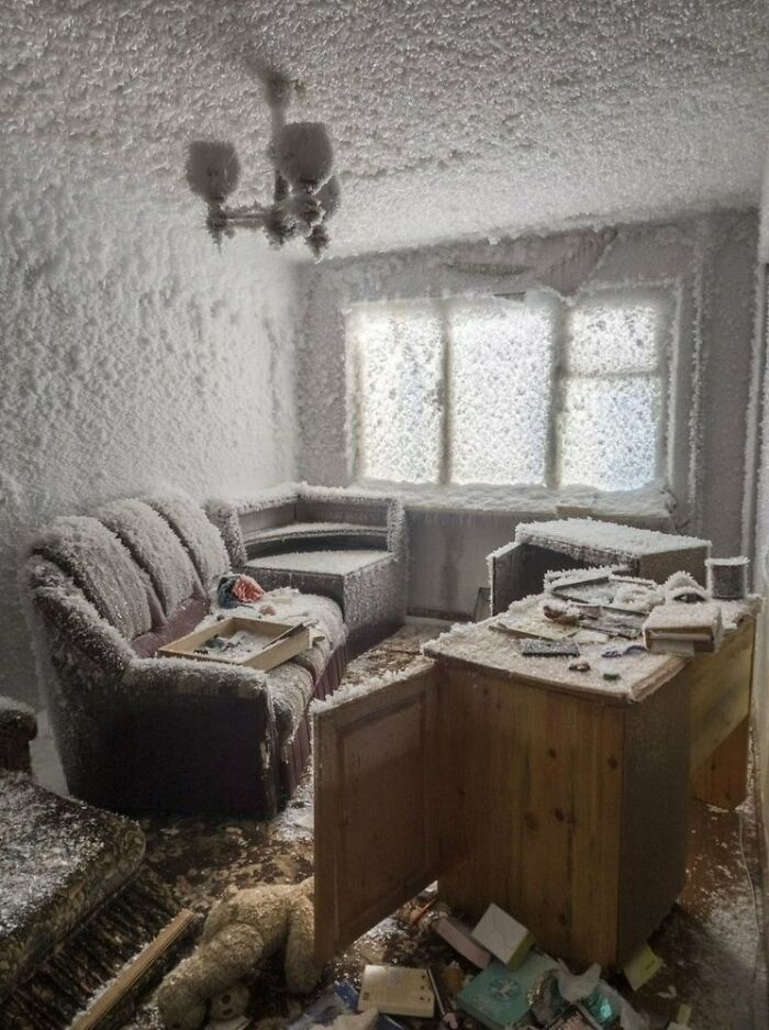 Ice Crystals Cover The Interior Of An Abandoned Apartment North Of The Arctic Circle In Russia