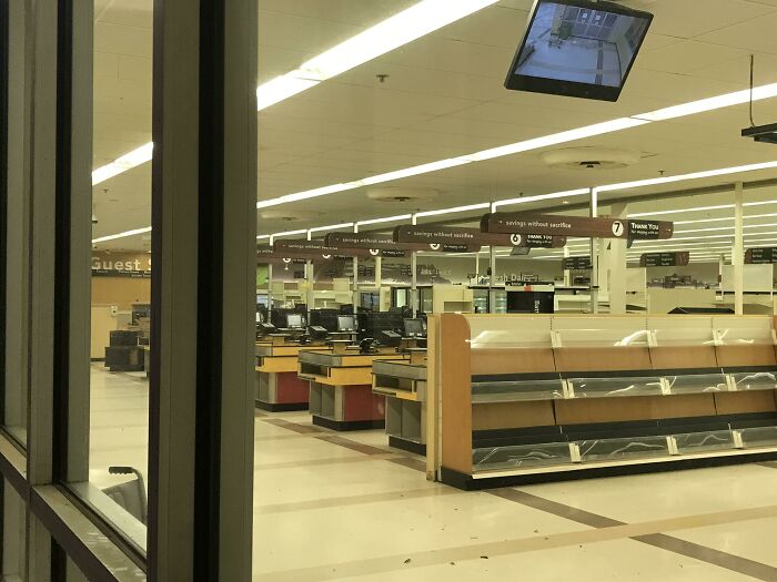 Completely Empty Plaza Grocery Store With Cctv And Registers Still Running