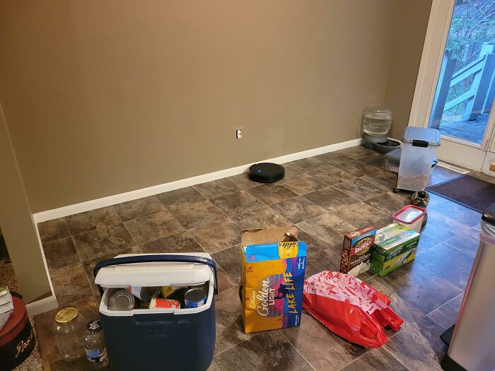 Got Rid Of Our Boxy Booth Table, Bench, & Coat Rack To Make Room For New Stuff, Trapped Our Little Vacuum Robot In The Area So We Didn't Have To Do The Work Of Sweeping It