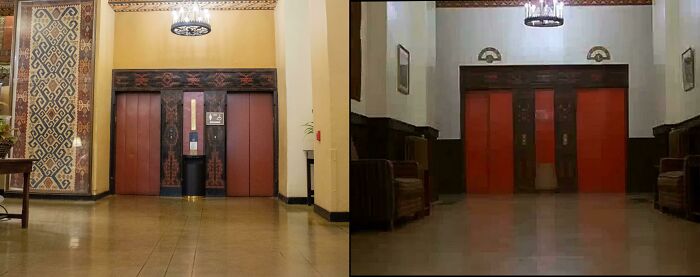 The Design Of The Bloody Elevator In Stanley Kubrick's The Shining [1980] Was Based On The Ahwahnee Hotel In Yosemite. My Pic Left - Film Pic Right