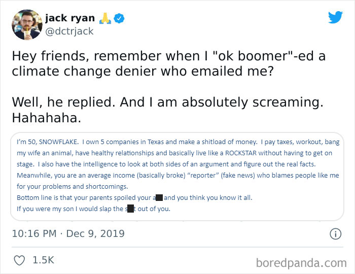 Bad**s Boomer Responds To Being Ok'ed By A Journalist He Yelled At About Climate Change