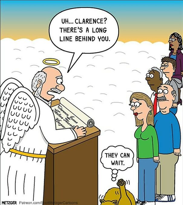 Cartoon From 2015 For #nationalpetmemorialday. I Drew This Cartoon As A Tribute To A High School Classmate, Melina Thornhill, Who Passed Away On July 4, 2015. She Drowned In A Lake In Tennessee. Melina Exuded Warmth, Enthusiasm, And Kindness – And She Had A Great Sense Of Humor. She Also Was A Big Fan Of Cats. Melina Is Standing Behind The Cat. If You Look Closely, You Can See Her Name On Saint Peter’s List.