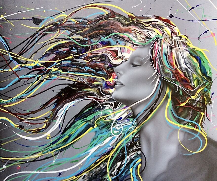 I Create Portrait Paintings Of Beautiful Ladies Using Fluid Art And An Airbrush.