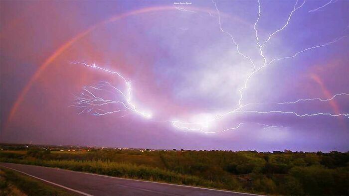Spectacular Lightning With A Rainbow In Faenza, Italy