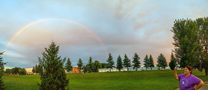Out On A Walk. Panorama Makes It Look Like My Wife Is Taking A Picture Of Anything Except The Rainbow.