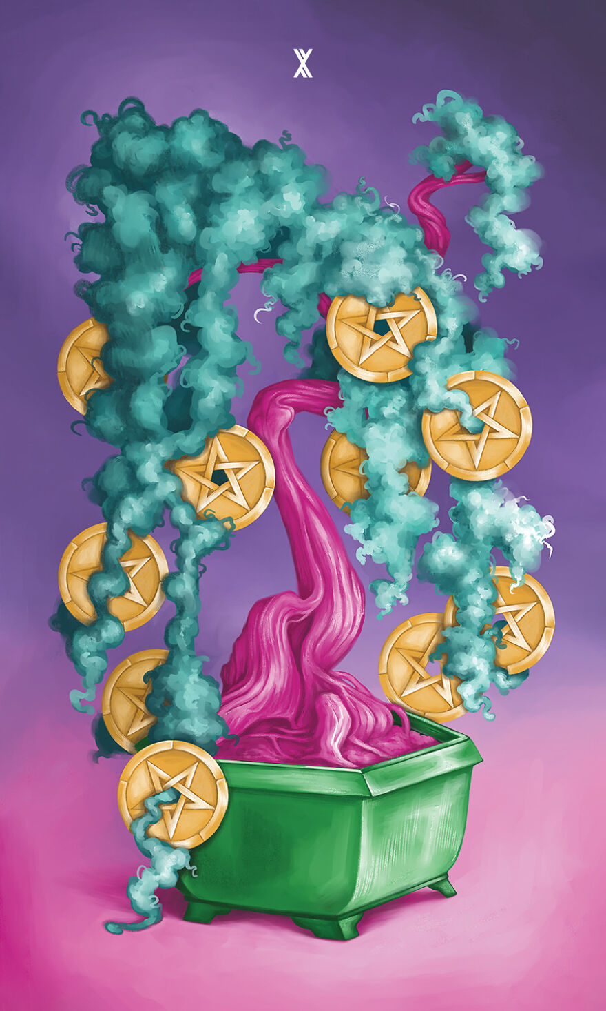The Ten Of Pentacles (I Call Them Coins) - I Had An Asian Money Tree In Mind When I Painted This One.