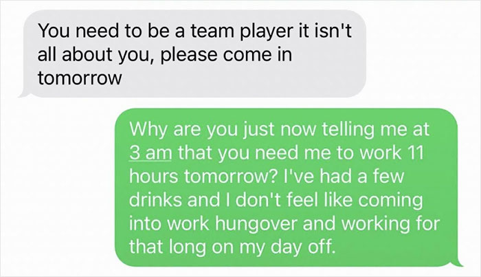 Toxic Boss Messages Bartender At 3 AM Saying They Need To Work In The Morning On Their Day Off, Gets Put In Place