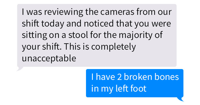 Boss Criticizes Employee With Broken Bones For Sitting On A Stool, Changes His Tone Immediately When He Quits