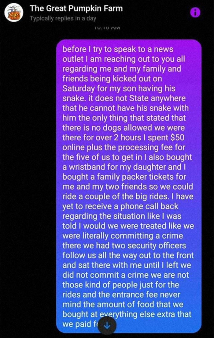 Pumpkin Farm Kicks Out Karen Who Brought A Snake To Its Territory, She Threatens To Go To The Press, Gets Shut Down By The Owner