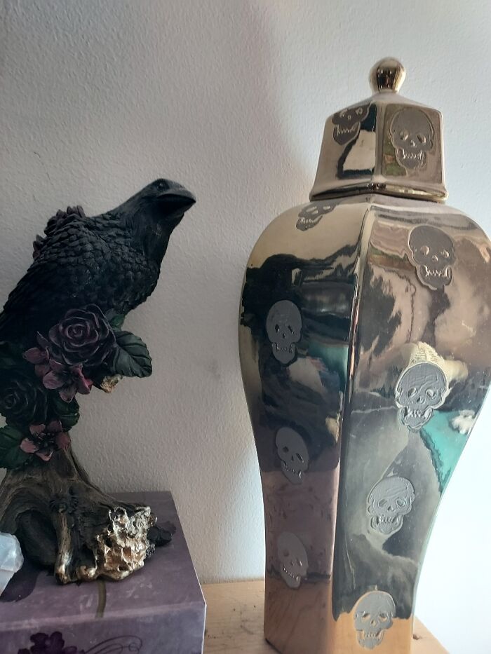 Raven And Gold Skull Urn. You'd Think It's Bc It's October, But Nope, My Everyday Home Decor!