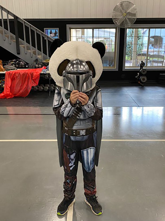 My Cousin’s Kid After I Handed Him A Panda Head. I Give You: The Pandalorian