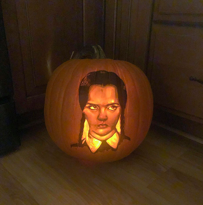 My First Pumpkin Of The Year. Wednesday Addams Giving Some Epic Side-Eye
