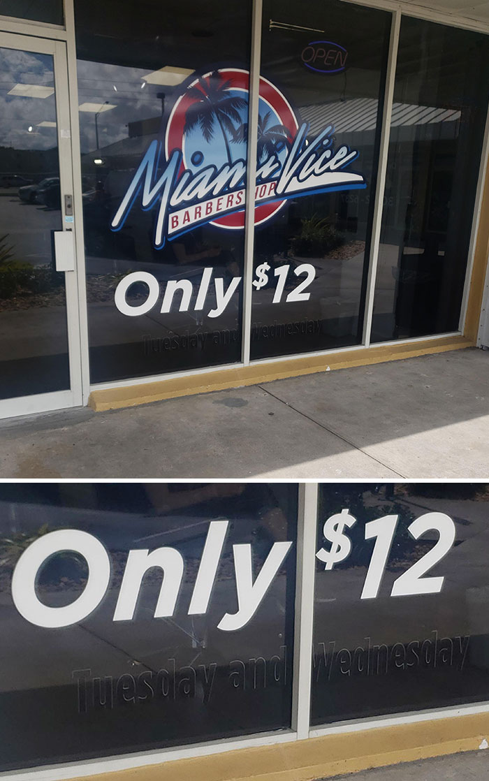 This Barbershop Advertises $12 Haircuts In Big White Font But Mentions A Very Important Detail In Small Black Letters